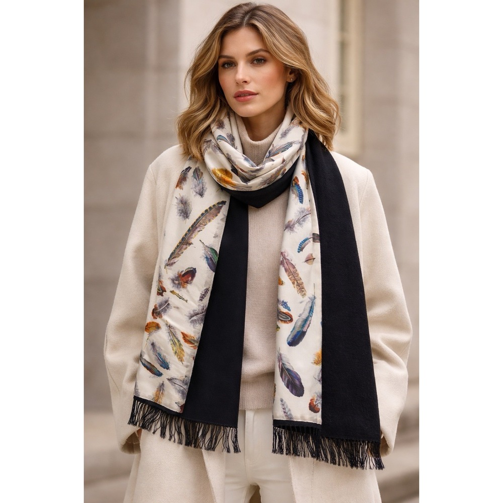 Hermès Feather Plume Print Silk & Cashmere Double-Sided Stole Scarf Vintage 90's